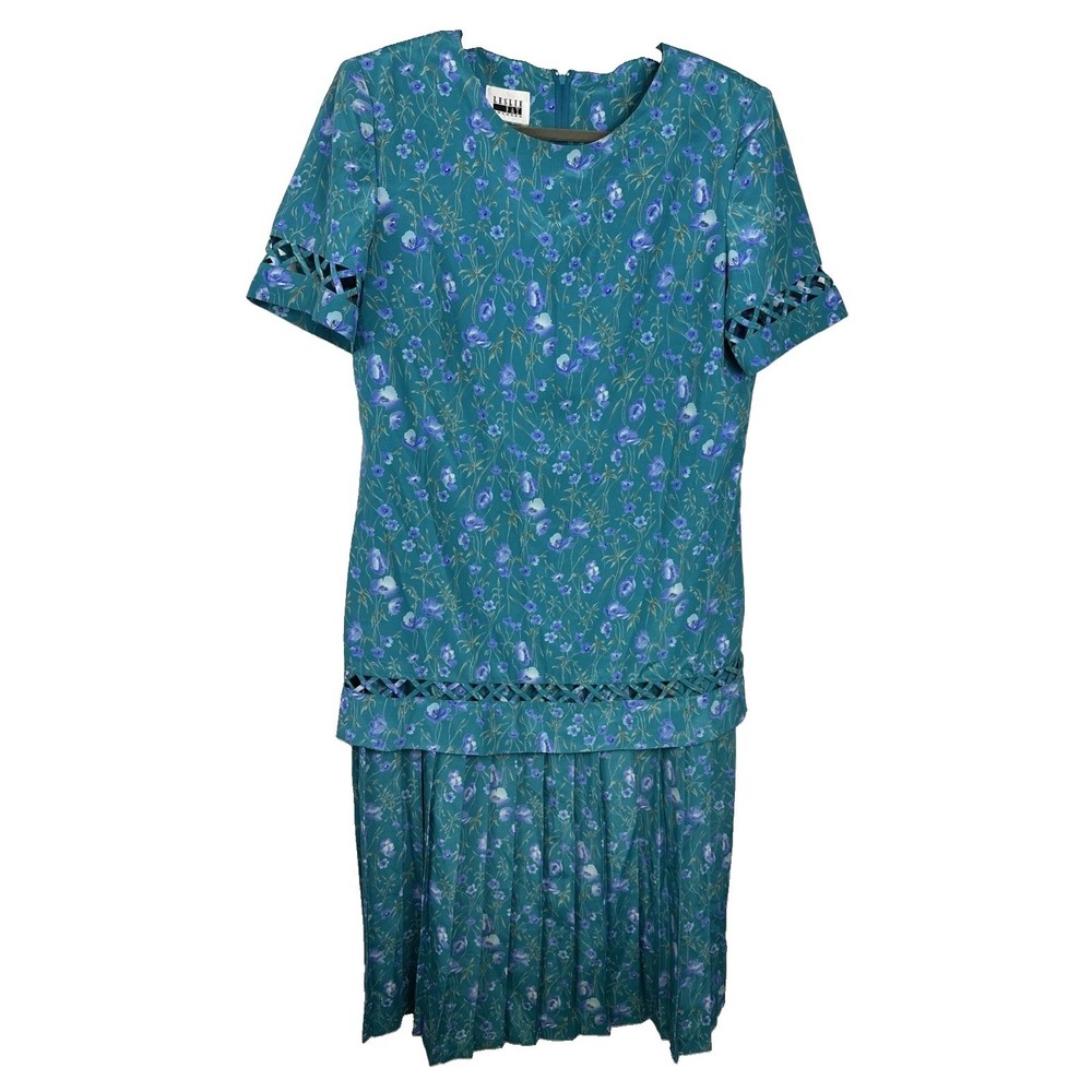 Leslie Fay Floral Pleated Dress Women's Sz 12 Teal & Blue Short Sleeves VTG